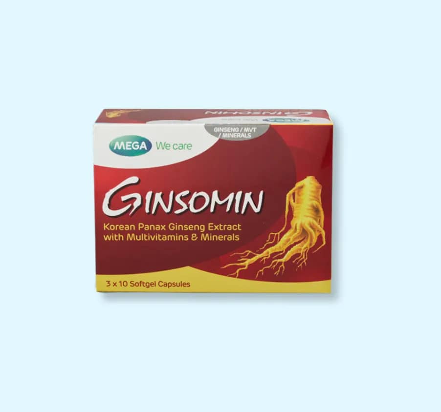 Box of Ginsomin with Korean Panax Ginseng Extract on a light blue background