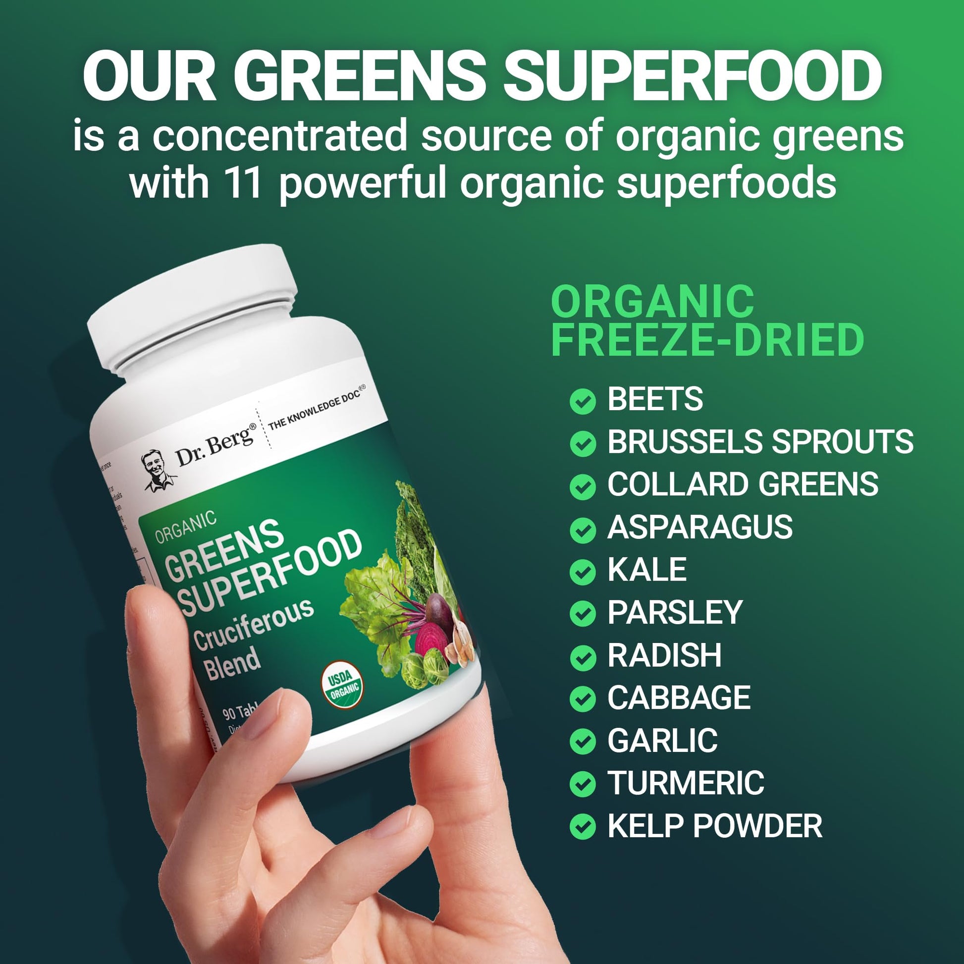 Dr. Berg's Greens Superfood supplement bottle held by a hand with green background and text listing superfoods.