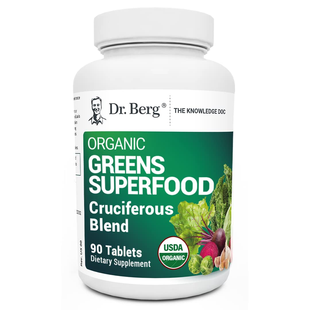 Dr. Berg Organic Greens Superfood supplement bottle on a white background