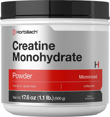 Horbaach Creatine Monohydrate powder container with black lid