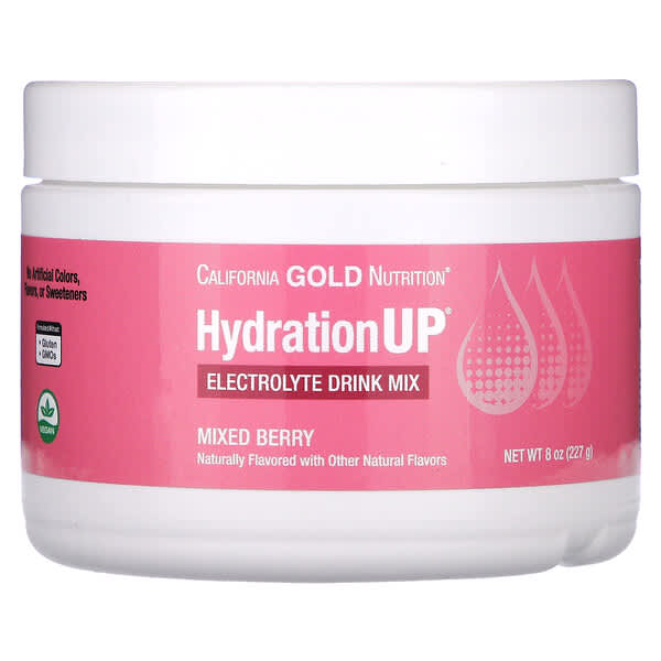 Jar of California Gold Nutrition HydrationUP Electrolyte Drink Mix on a white background