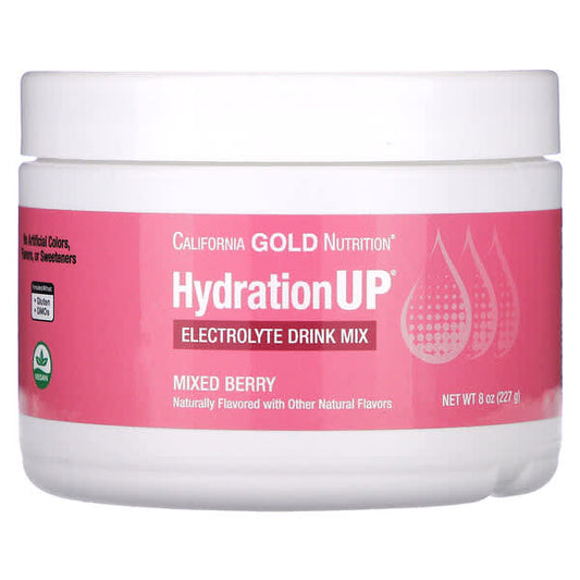 Jar of California Gold Nutrition HydrationUP Electrolyte Drink Mix on a white background