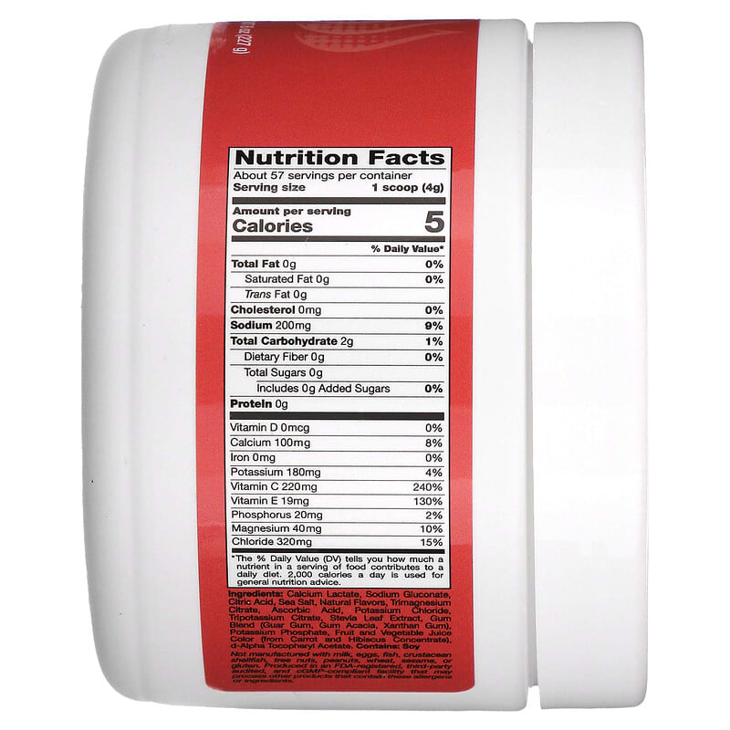 Nutrition facts label on a supplement container with a white and red design.