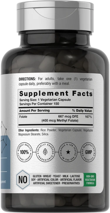 Horbäach Vegan Methyl Folate 400mcg (150 Vegetarian Capsules) - Active B9 Supplement