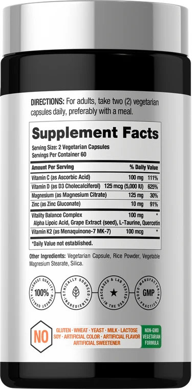 Horbäach Vitamin D3 K2 with Magnesium, Zinc & Quercetin - 120 Vegetarian Capsules