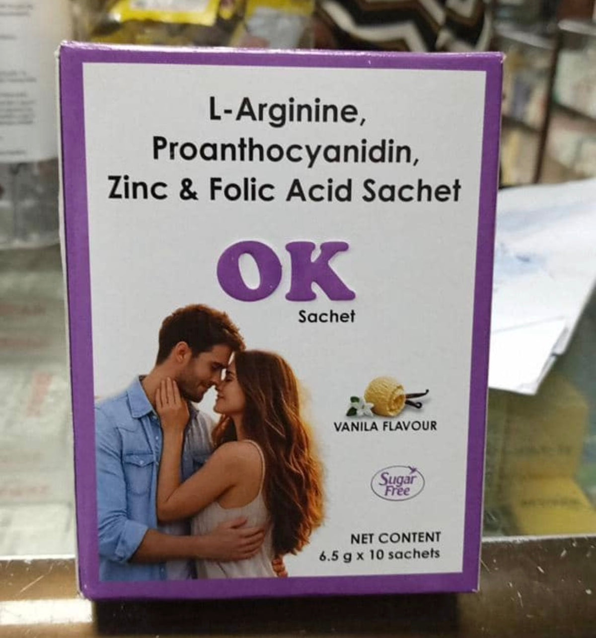 OK Sachet Sugar Free Vanilla Flavour - L-Arginine, Proanthocyanidin, Zinc & Folic Acid (10 Sachets x 6.5g)