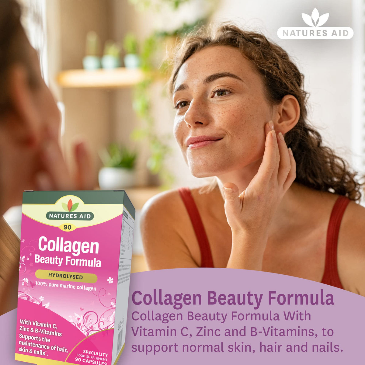 Natures Aid Collagen Beauty Formula (90 Capsules) - High Strength Marine Collagen with Vitamin C, Zinc & Biotin