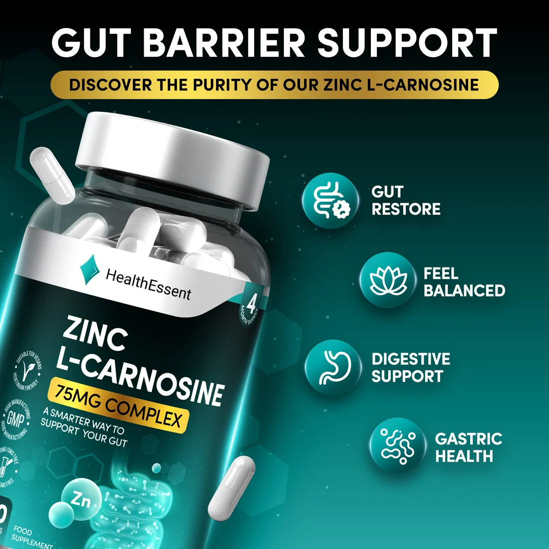 HealthEssent Zinc L-Carnosine 75mg Complex - Gut Barrier & Digestive Support Supplement (4 Month Supply)