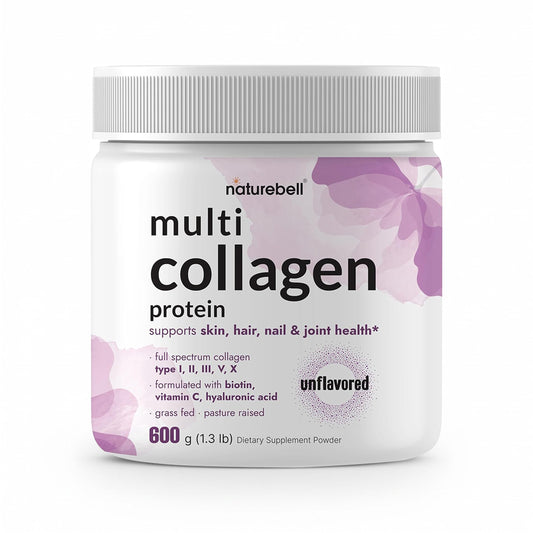 NatureBell Multi Collagen Protein Powder (600g / 1.3 lb) - Types I, II, III, V, X with Biotin, Hyaluronic Acid & Vitamin 54 servings