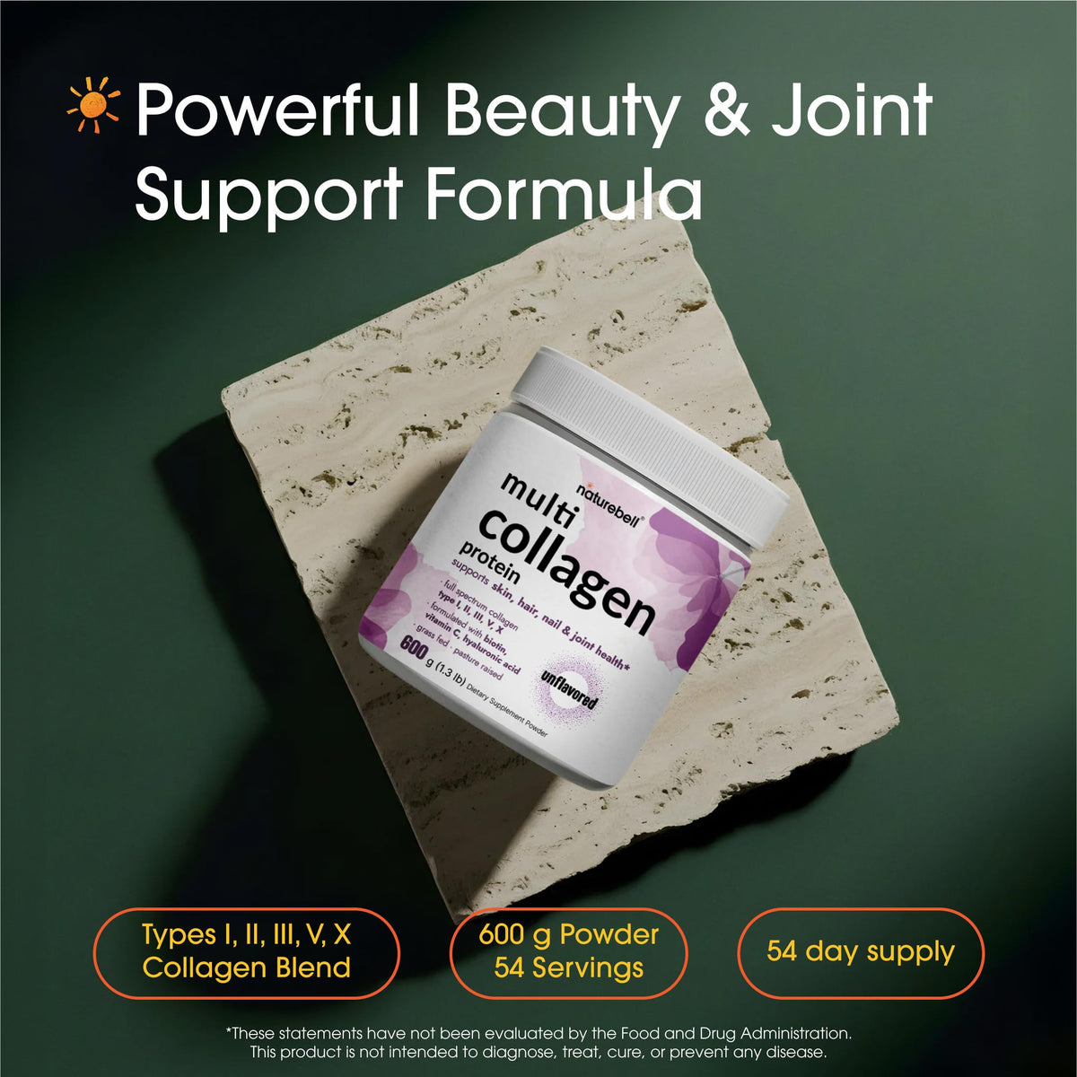 NatureBell Multi Collagen Protein Powder (600g / 1.3 lb) - Types I, II, III, V, X with Biotin, Hyaluronic Acid & Vitamin 54 servings