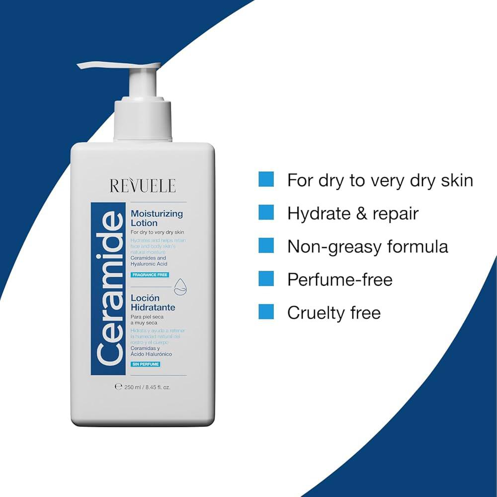 Revuele Ceramide Moisturizing Lotion (250 ml / 8.45 fl. oz.) - For Dry to Very Dry Skin with Ceramides & Hyaluronic Acid