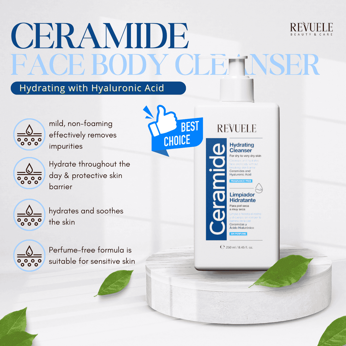 Revuele Ceramide Hydrating Cleanser (250 ml / 8.45 fl. oz.) - For Dry to Very Dry Skin with Ceramides & Hyaluronic Acid