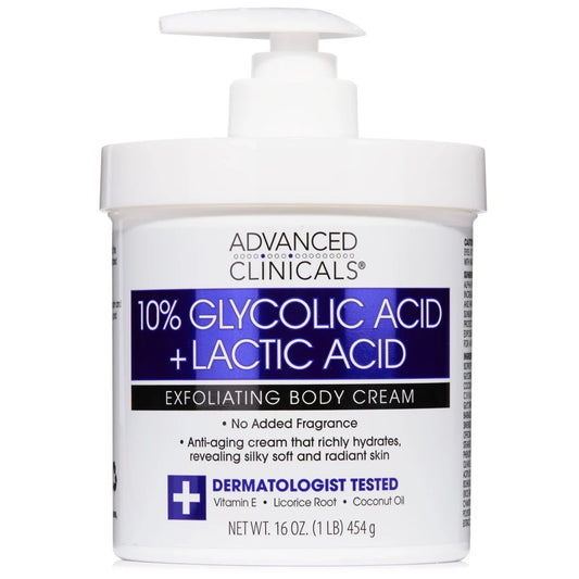 Advanced Clinicals 10% Glycolic Acid + Lactic Acid Exfoliating Body Cream (16 oz / 454 g) - Anti-Aging Smooth & Radiant Skin Moisturizer