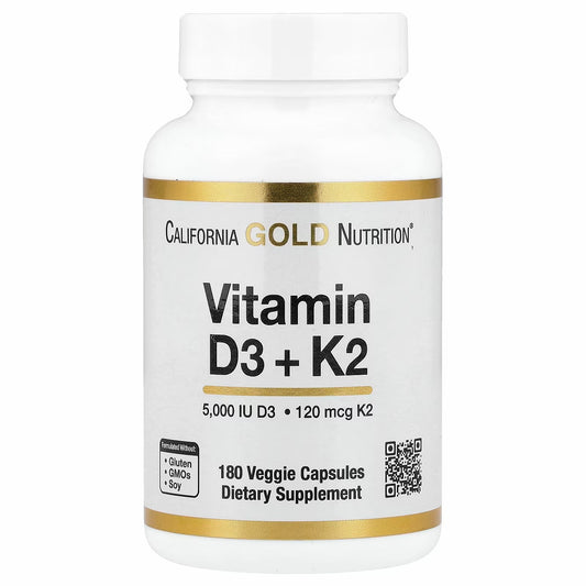 California Gold Nutrition
Vitamin D3 + K2 as MK-7, 180 Veg Capsules