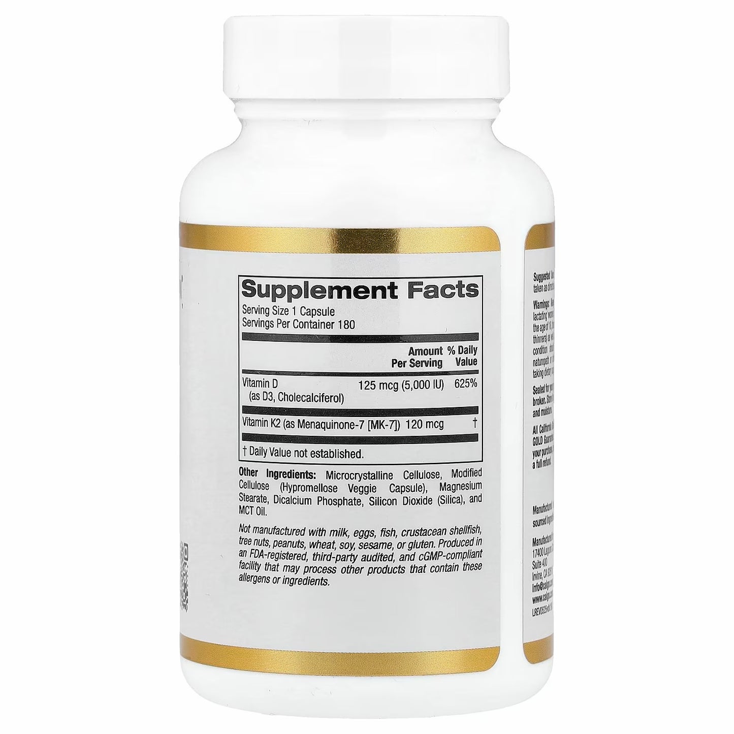 California Gold Nutrition
Vitamin D3 + K2 as MK-7, 180 Veg Capsules