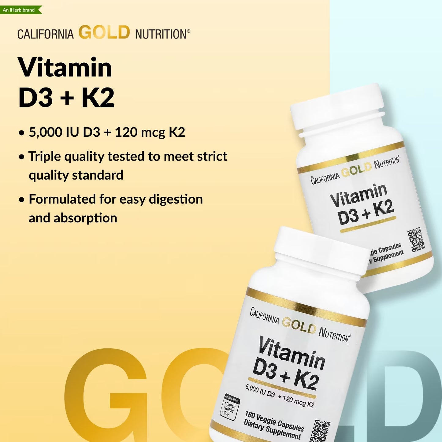 California Gold Nutrition
Vitamin D3 + K2 as MK-7, 180 Veg Capsules