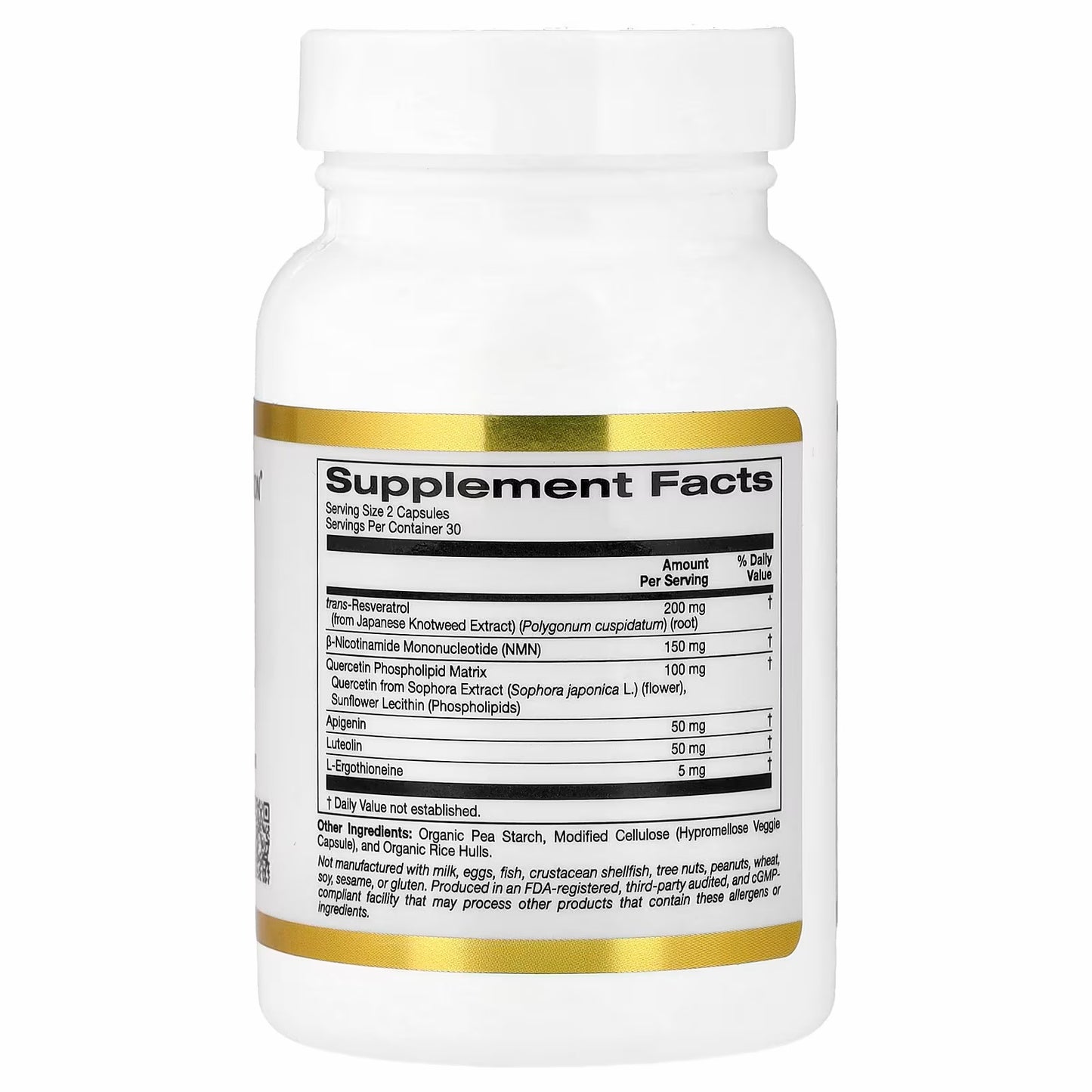 California Gold Nutrition NMN Complex with trans-Resveratrol, Quercetin Phytosome Complex, Apigenin, and Luteolin (60 Veggie Capsules)