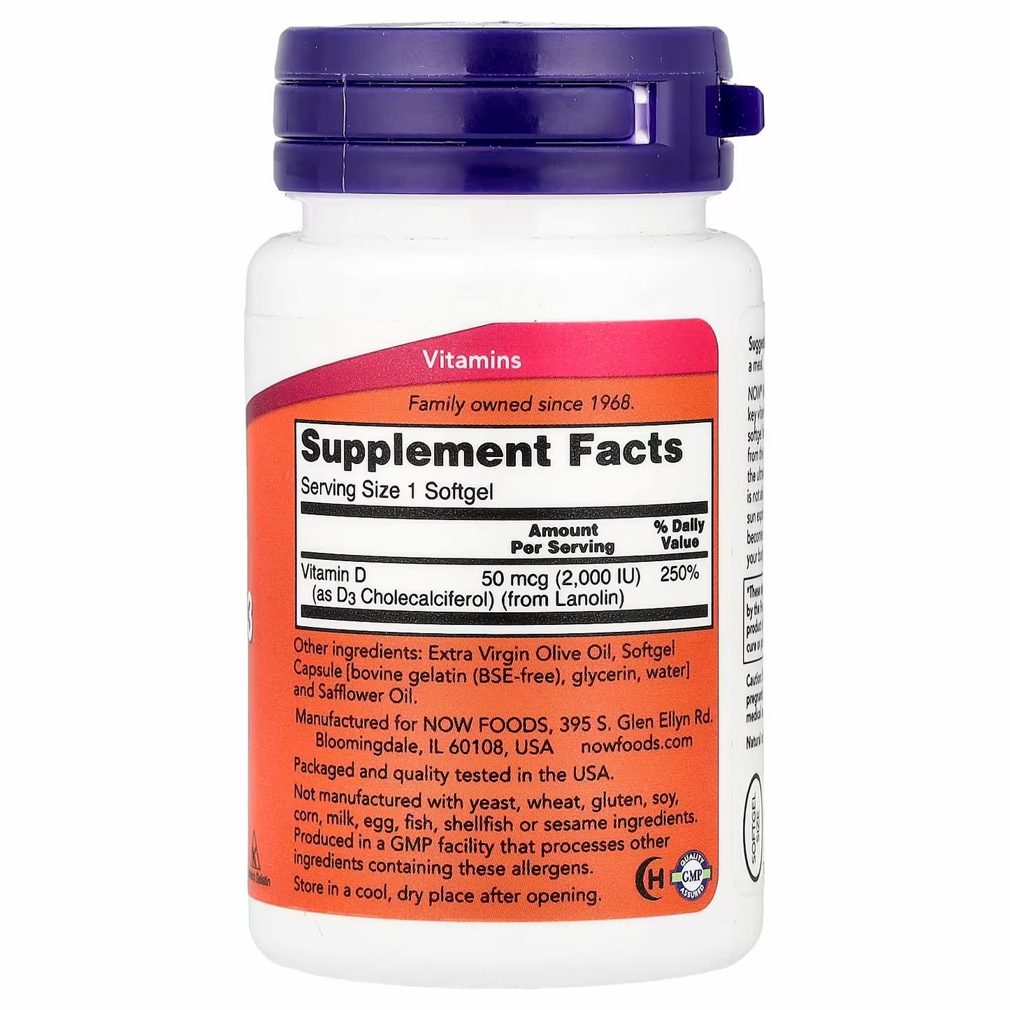 Now foods high potency Vitamin D3 D-3, 2000 IU, 30 Softgels.