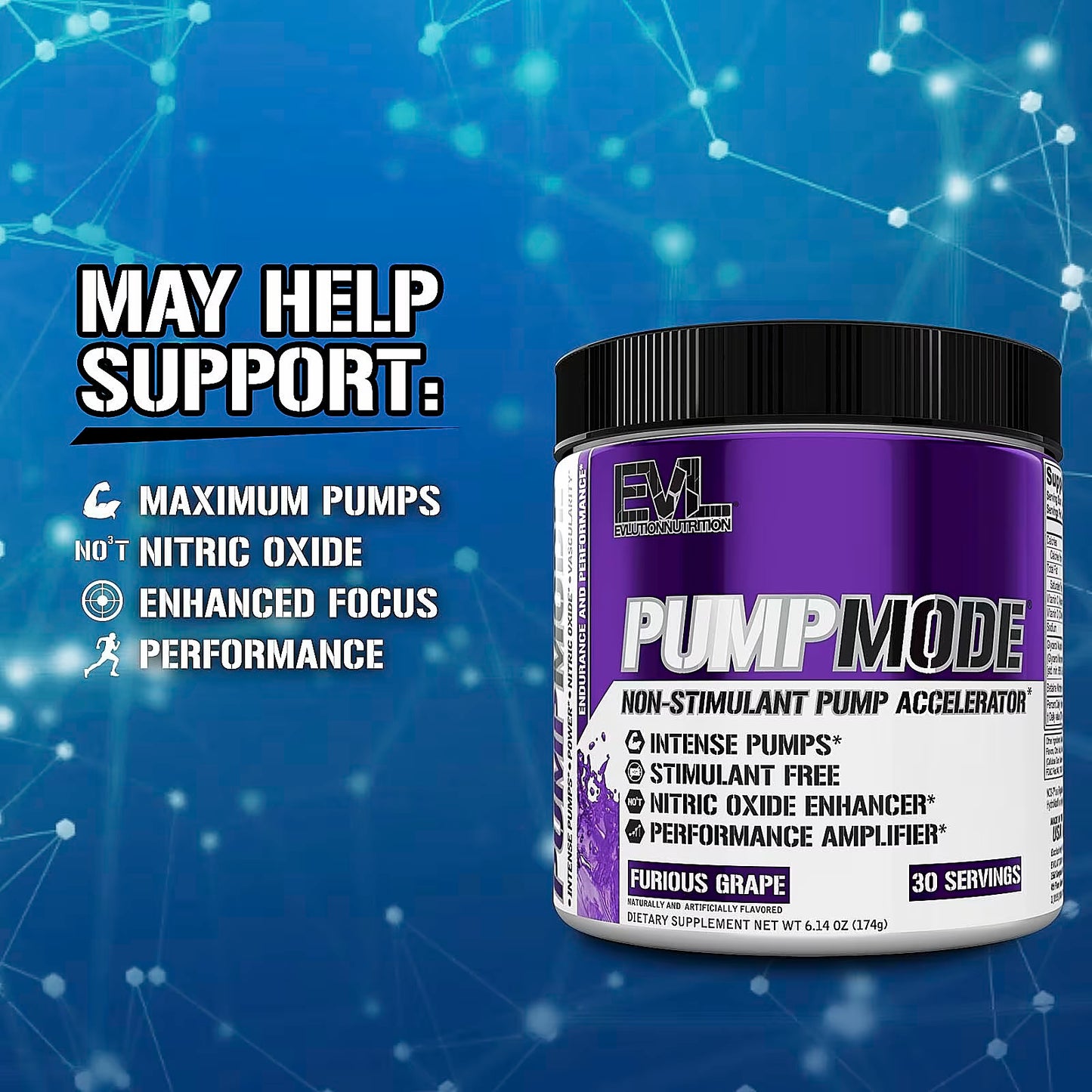 EVLution Nutrition PumpMode®, Non-Stimulant Pump Accelerator, Furious Grape, 30 servings