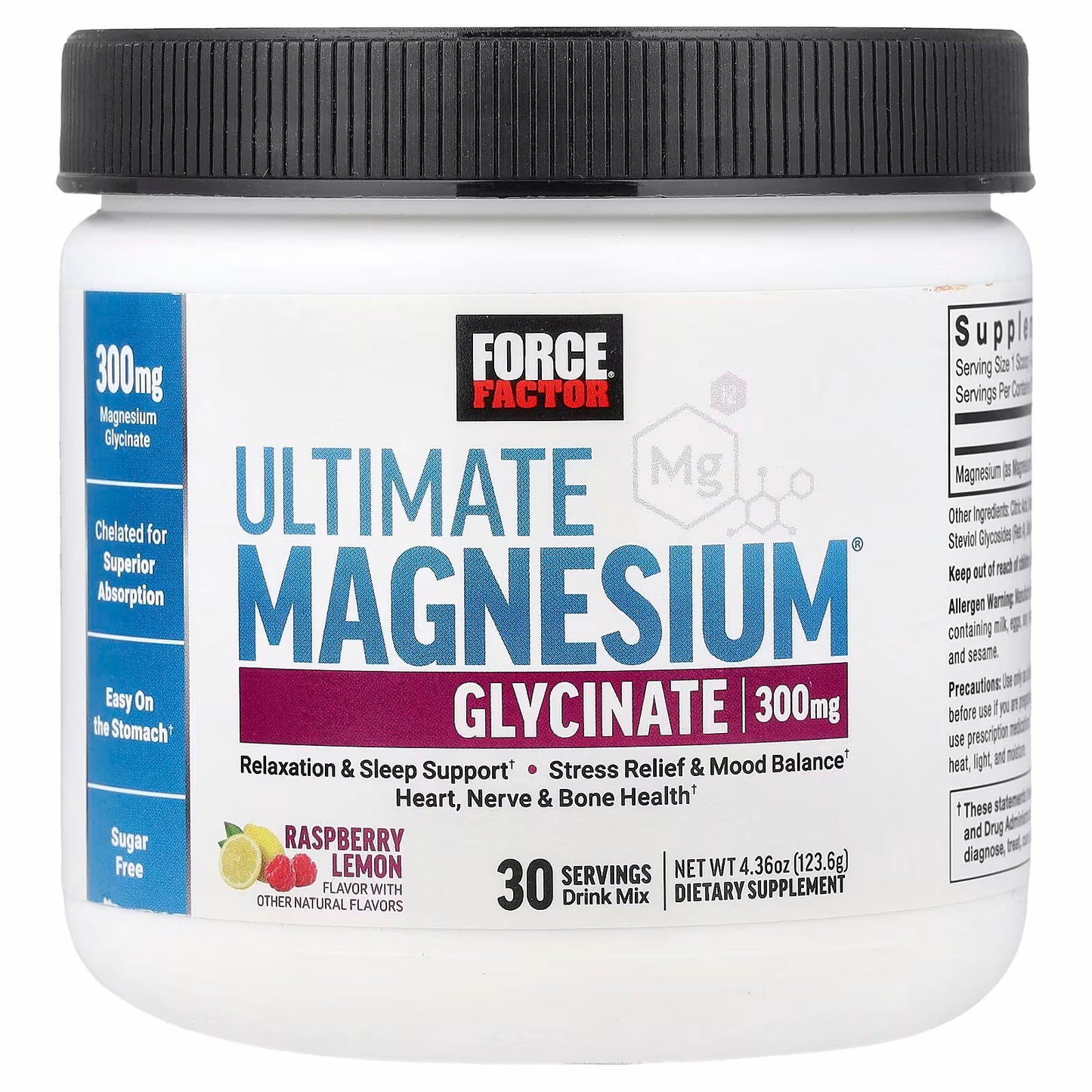 Force Factor Ultimate Magnesium® Glycinate Drink Mix, Raspberry Lemon, 123.6g 30 servings