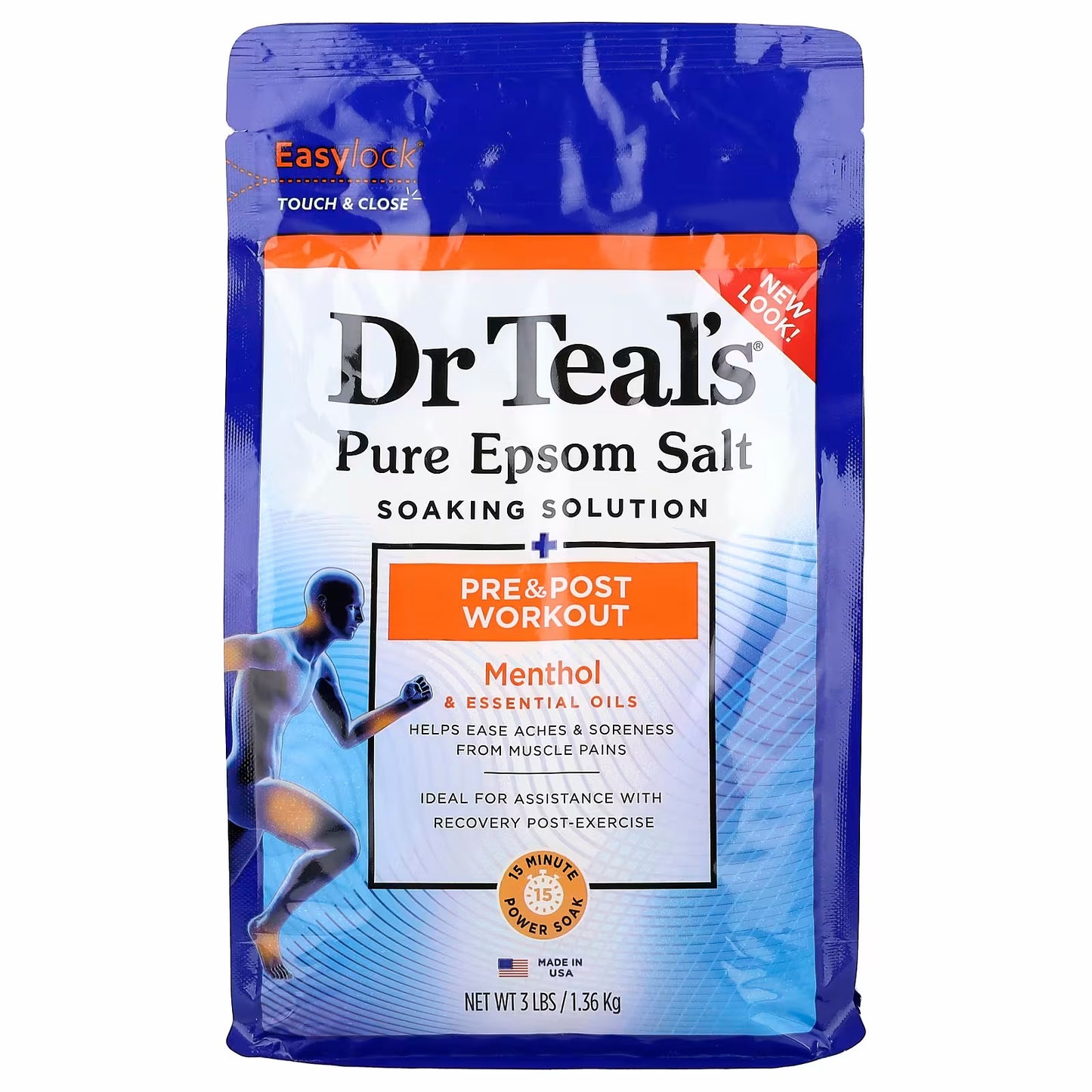 Dr. Teal's Pure Epsom Salt Soaking Solution, Pre & Post-Workout, Menthol & Essential Oils, 1.36 kg (3 lbs)