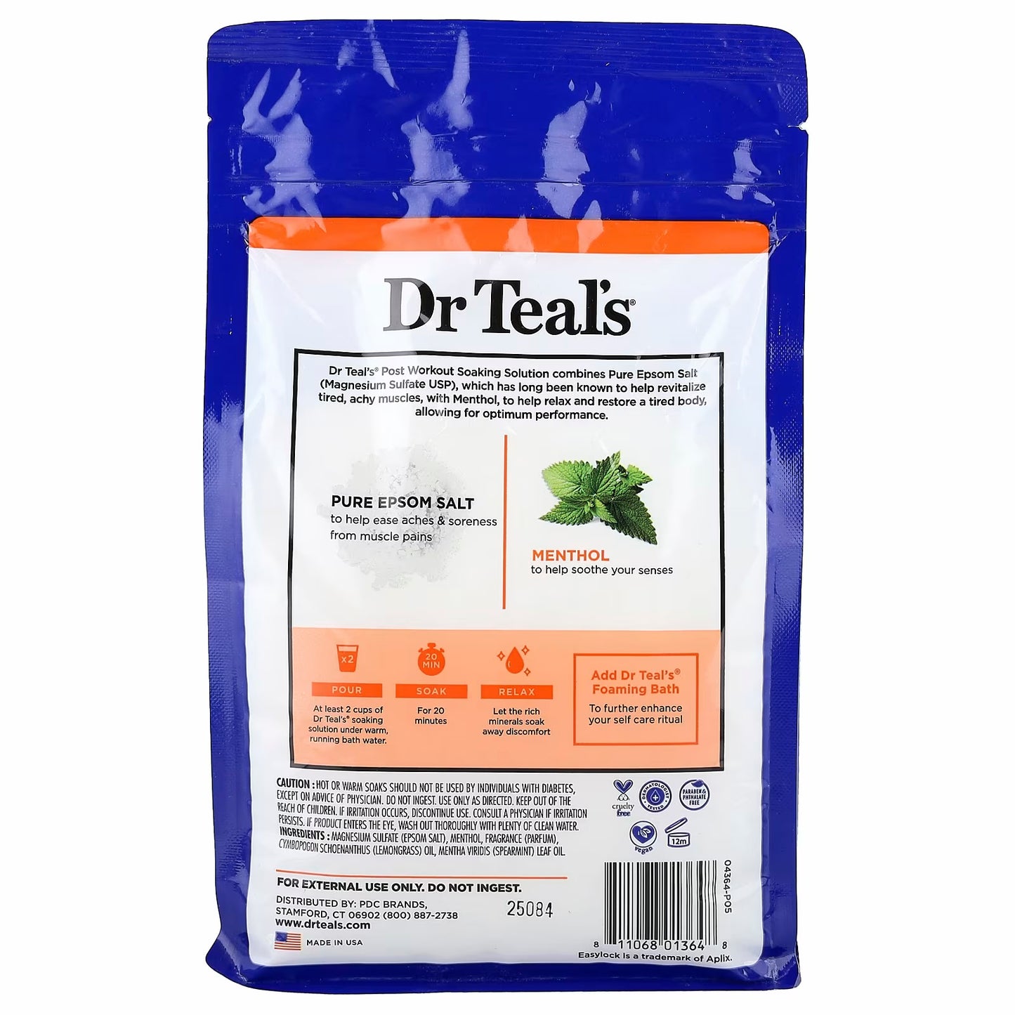 Dr. Teal's Pure Epsom Salt Soaking Solution, Pre & Post-Workout, Menthol & Essential Oils, 1.36 kg (3 lbs)