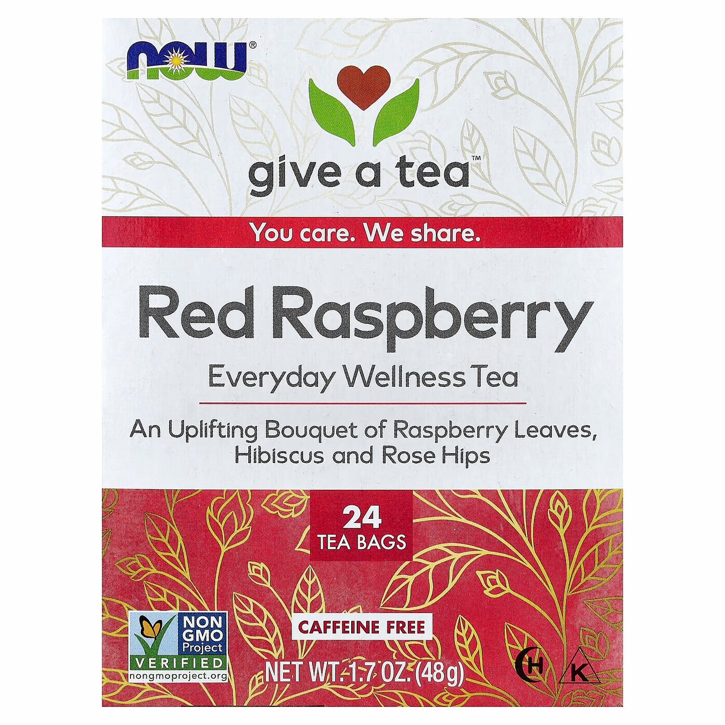 NOW Foods Everyday Wellness Tea, Red Raspberry, Caffeine-Free, 24 Tea Bags, 1.7 oz (48 g)