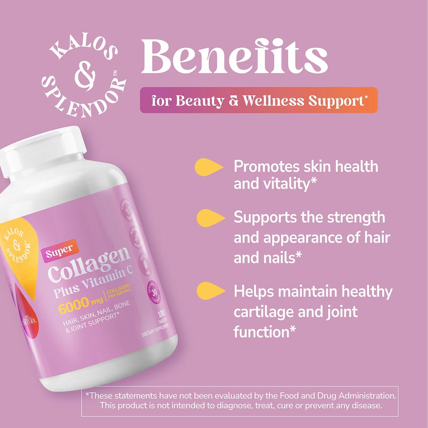 21st Century Kalos & Splendor™, Super Collagen Plus Vitamin C, 180 Tablets