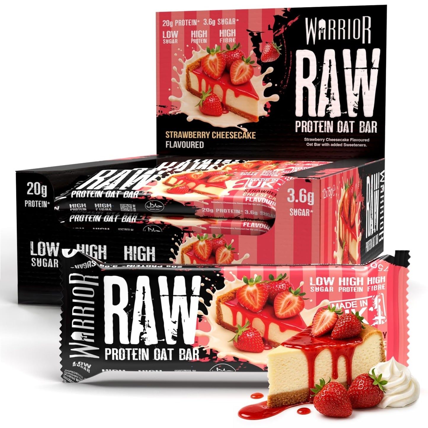Warrior RAW Protein Bars 12 x 75g – 20g High Protein Bar, Low Sugar High Fibre Oat Protein Flapjack – Protein Snacks, Meal Replacement Bars (Strawberry Cheesecake)