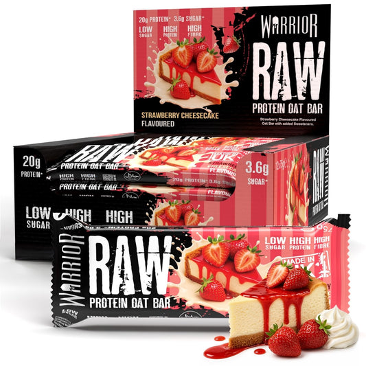 Warrior RAW Protein Bars 12 x 75g – 20g High Protein Bar, Low Sugar High Fibre Oat Protein Flapjack – Protein Snacks, Meal Replacement Bars (Strawberry Cheesecake)