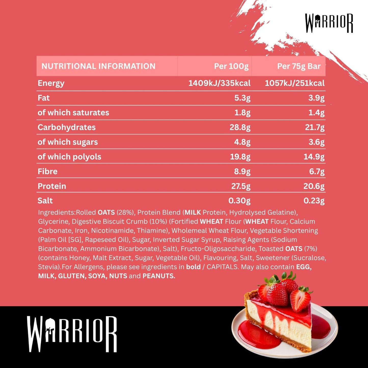 Warrior RAW Protein Bars 12 x 75g – 20g High Protein Bar, Low Sugar High Fibre Oat Protein Flapjack – Protein Snacks, Meal Replacement Bars (Strawberry Cheesecake)