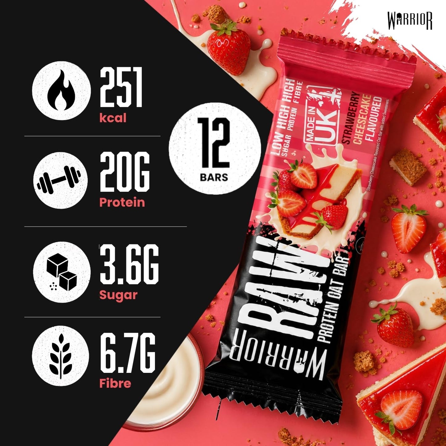Warrior RAW Protein Bars 12 x 75g – 20g High Protein Bar, Low Sugar High Fibre Oat Protein Flapjack – Protein Snacks, Meal Replacement Bars (Strawberry Cheesecake)