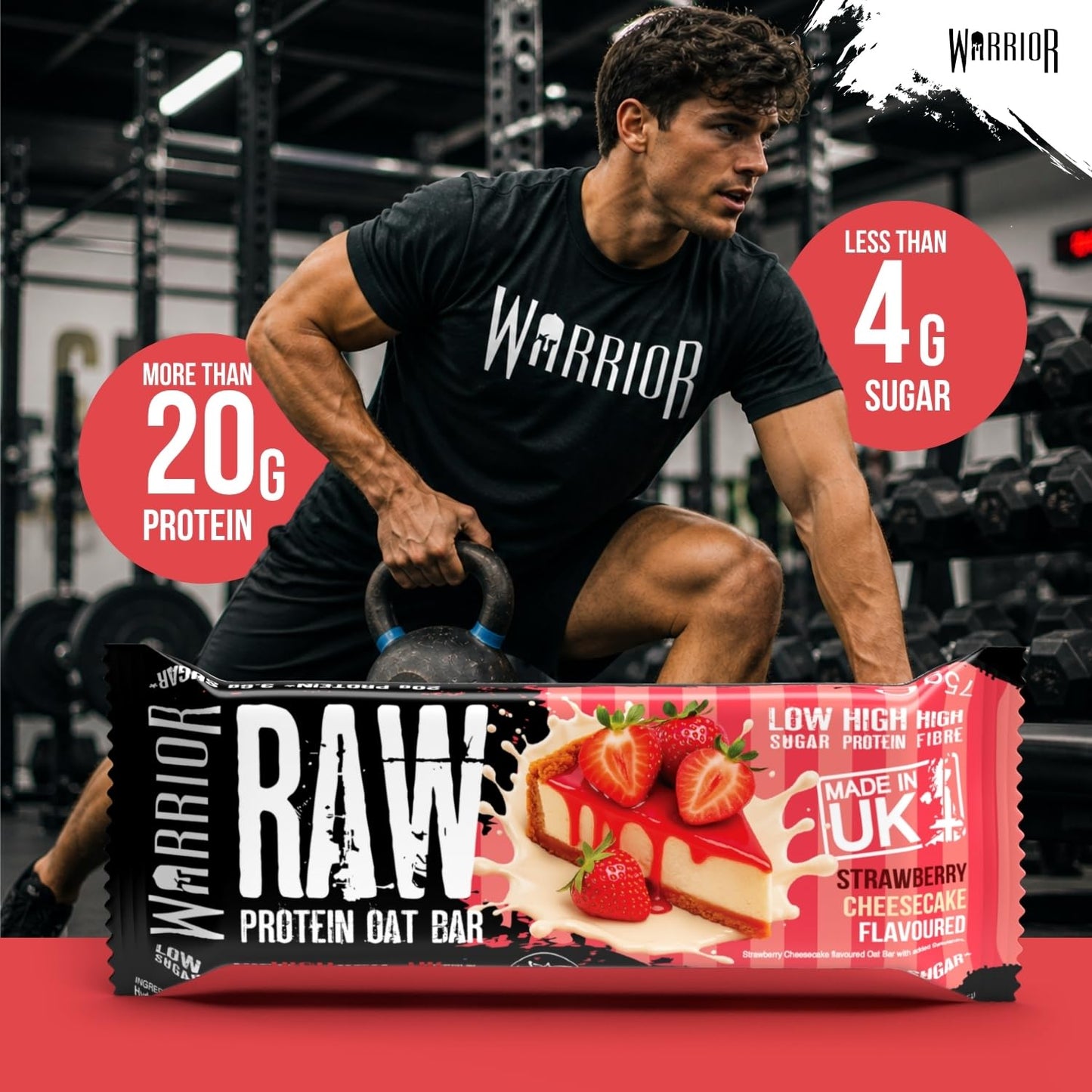 Warrior RAW Protein Bars 12 x 75g – 20g High Protein Bar, Low Sugar High Fibre Oat Protein Flapjack – Protein Snacks, Meal Replacement Bars (Strawberry Cheesecake)