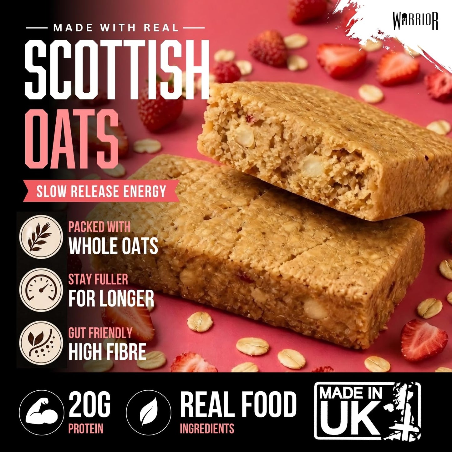 Warrior RAW Protein Bars 12 x 75g – 20g High Protein Bar, Low Sugar High Fibre Oat Protein Flapjack – Protein Snacks, Meal Replacement Bars (Strawberry Cheesecake)