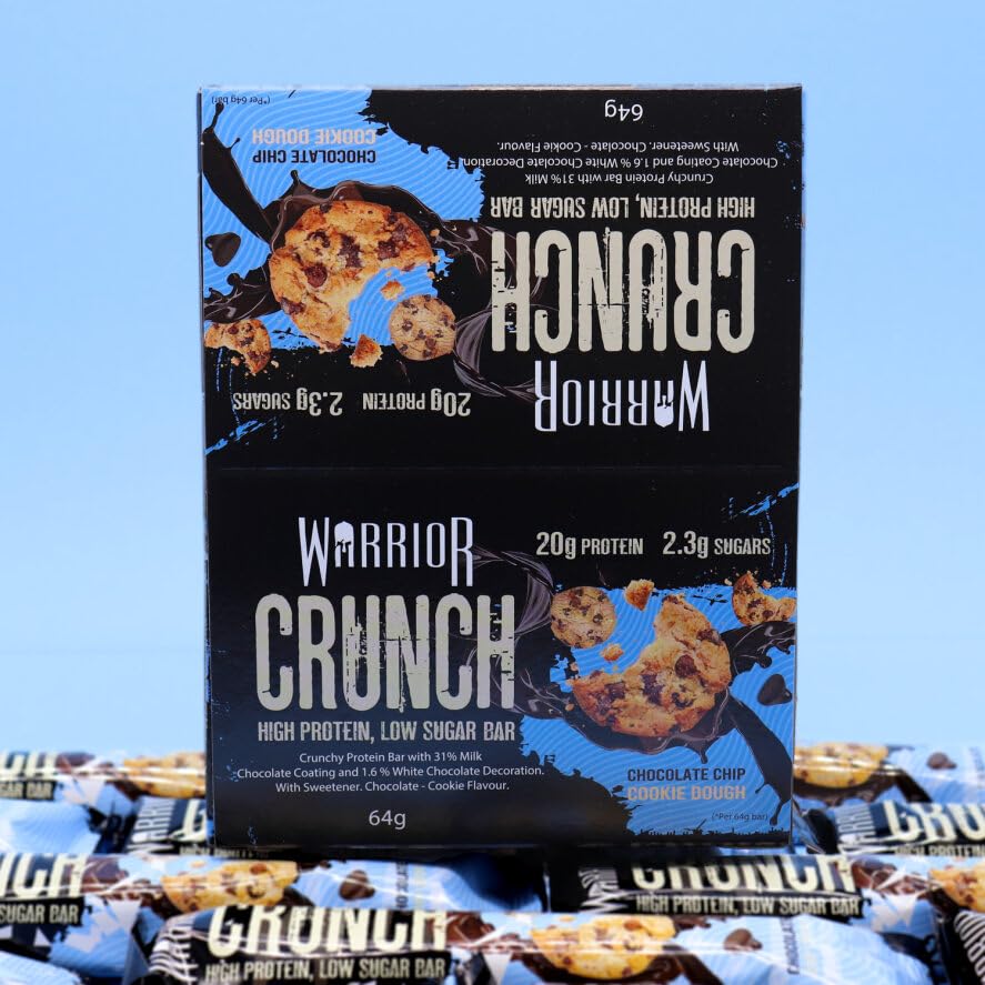 Warrior Crunch Protein Bars, Chocolate Chip Cookie Dough 12 x 64g – High Protein Snacks (20g), Low Sugar, Low Calorie Snack Bar, Guilt-Free On-the-Go Treats, Multipack Diet Bars for Weight Loss