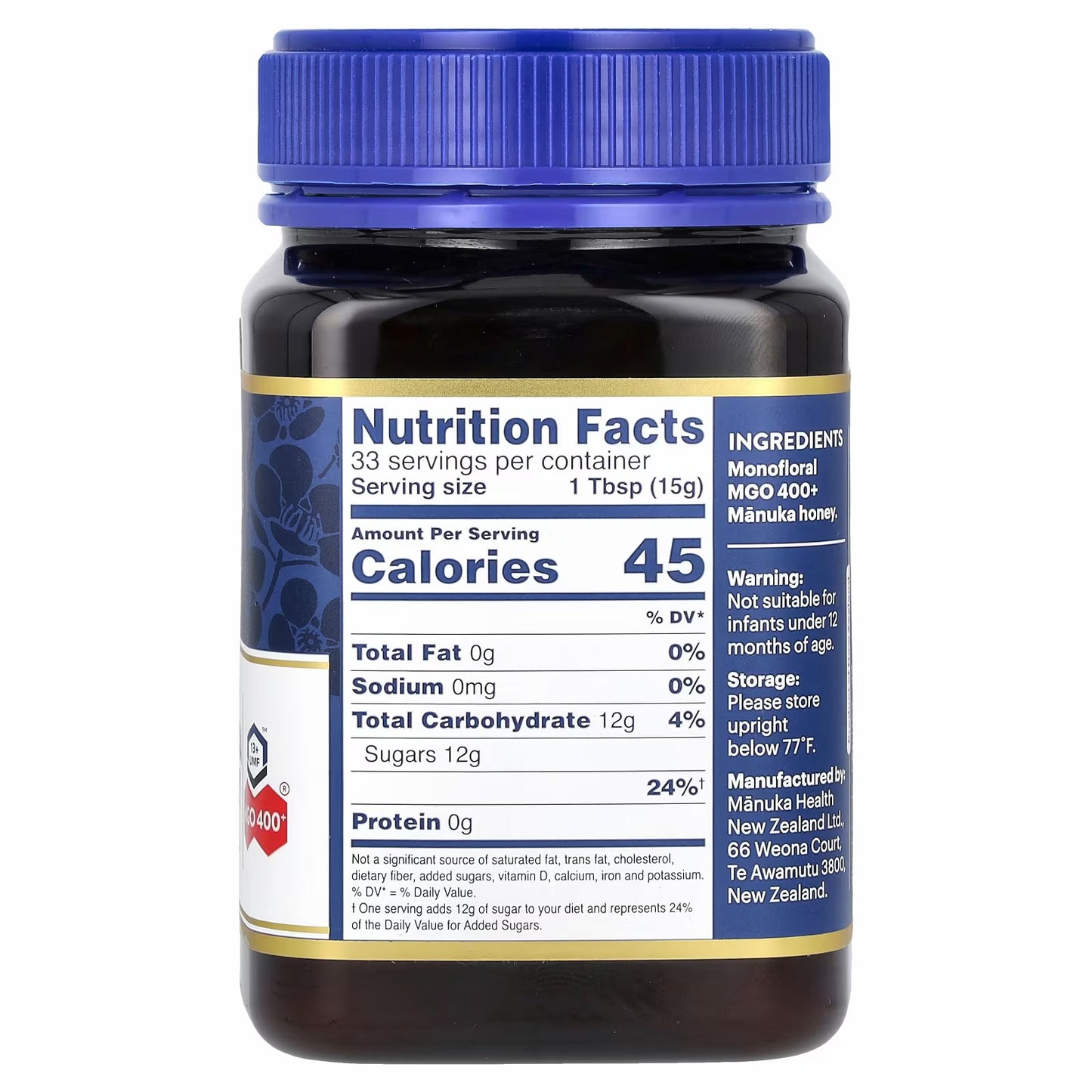Manuka Health Raw Manuka Honey, UMF 13+, MGO 400+, 17.6 oz (500 g)