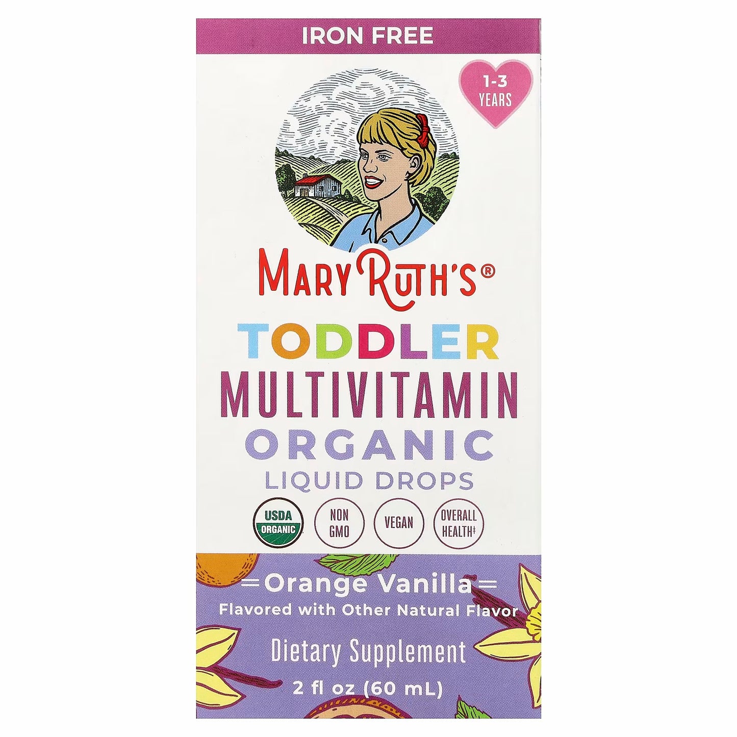 MaryRuth's Organic Toddler Multivitamin Liquid Drops, 1-3 Years, Orange Vanilla, 2 fl oz (60 ml)