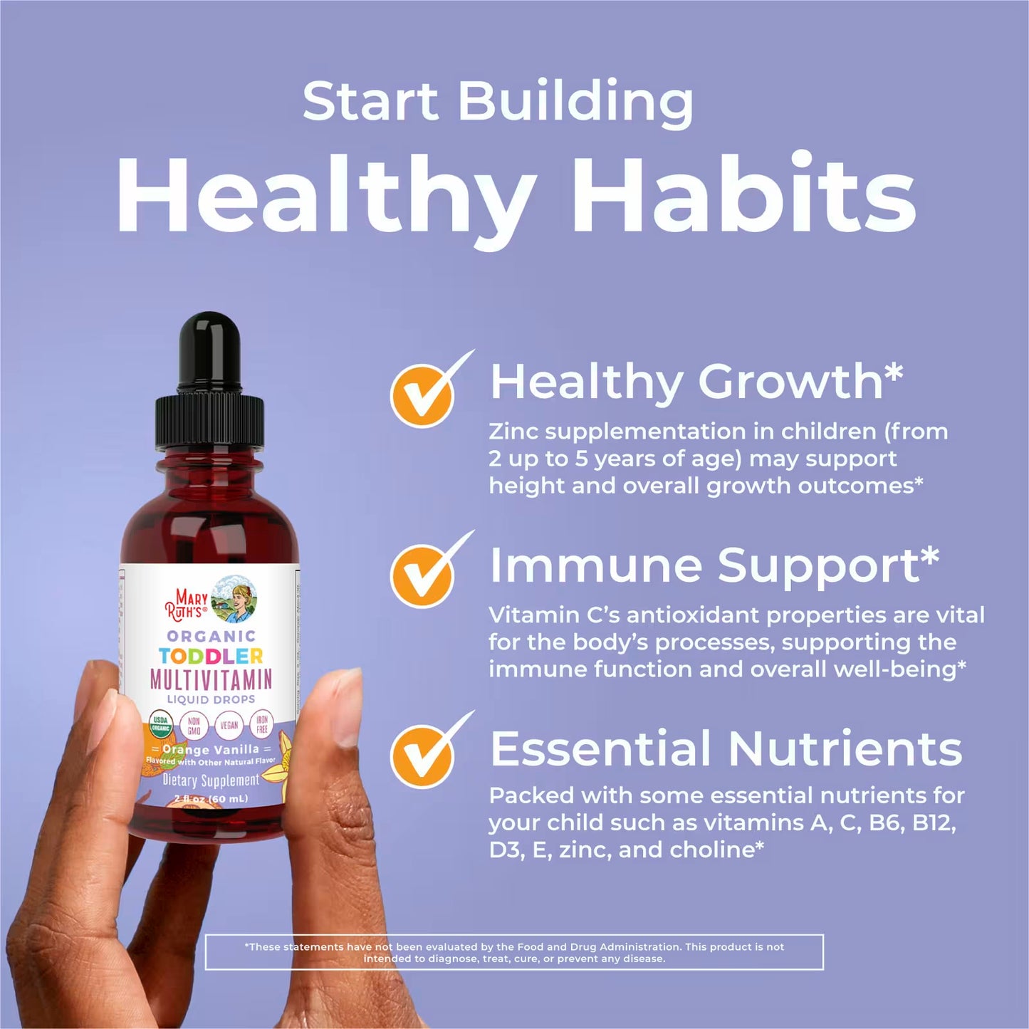 MaryRuth's Organic Toddler Multivitamin Liquid Drops, 1-3 Years, Orange Vanilla, 2 fl oz (60 ml)