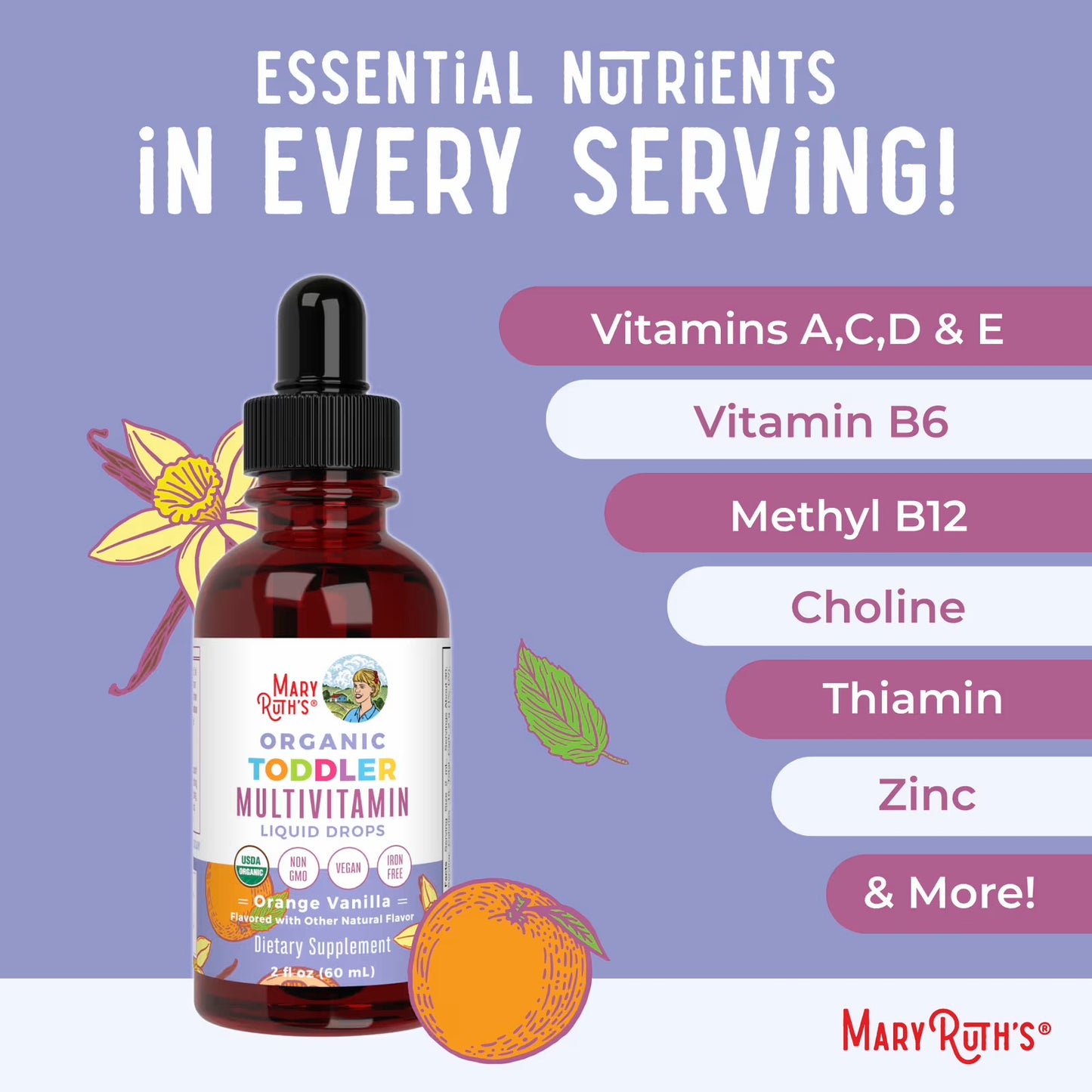 MaryRuth's Organic Toddler Multivitamin Liquid Drops, 1-3 Years, Orange Vanilla, 2 fl oz (60 ml)