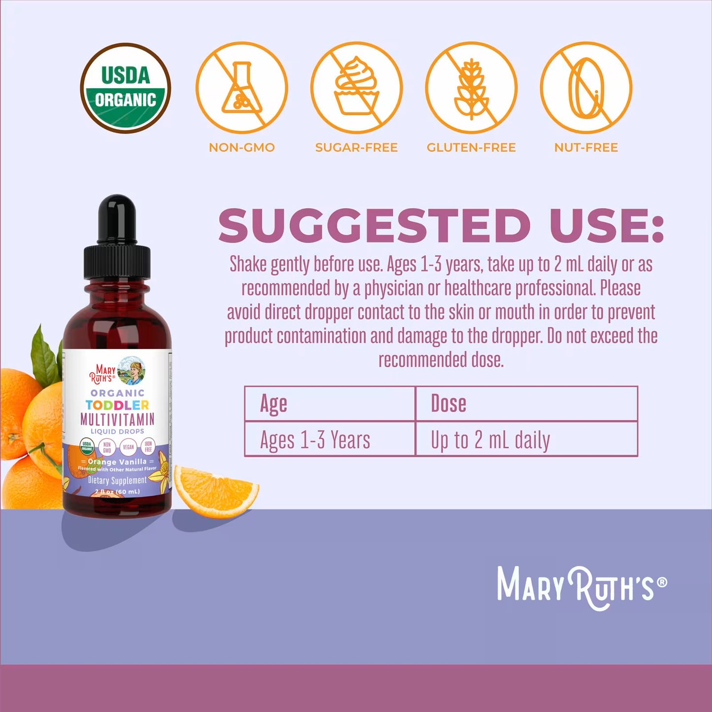 MaryRuth's Organic Toddler Multivitamin Liquid Drops, 1-3 Years, Orange Vanilla, 2 fl oz (60 ml)