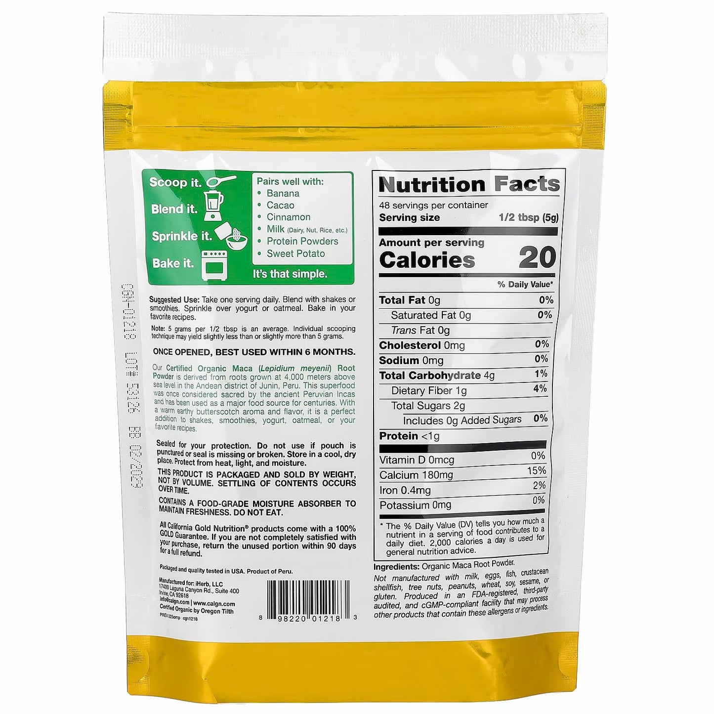California Gold Nutrition Superfoods, Certified Organic Peruvian Maca Root Powder, 8.5 oz (240 g)