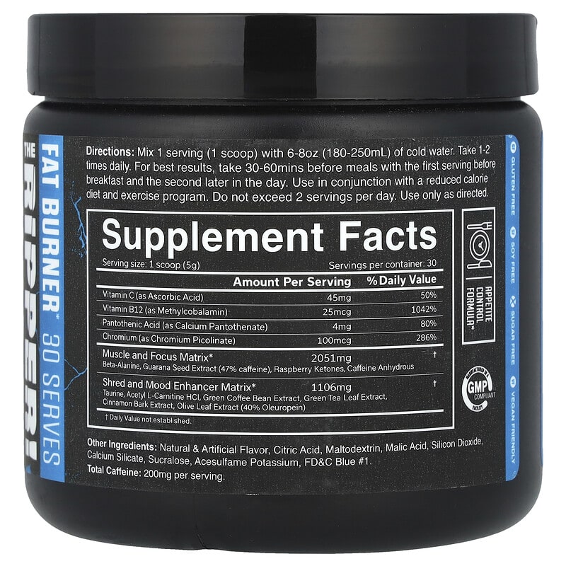 Supplement container labeled 'The Ripper!' with a skull design on a black background