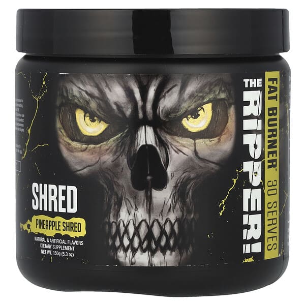 Supplement container labeled 'The Ripper' with a skull design on a white background