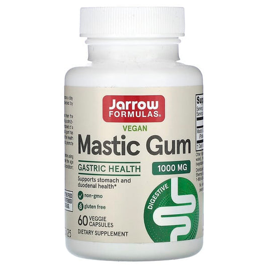 Bottle of Jarrow Formulas Mastic Gum supplement on a white background