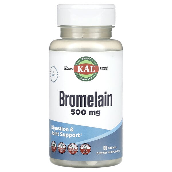 Bottle of KAL Bromelain 500 mg supplement on a white background