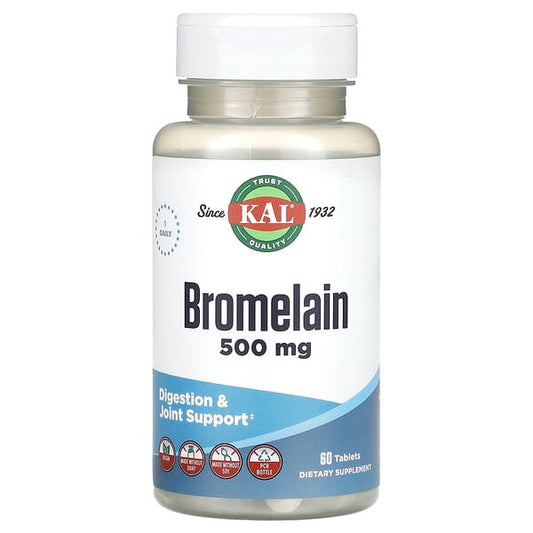Bottle of KAL Bromelain 500 mg supplement on a white background