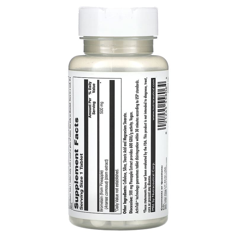 Bottle of KAL Bromelain 500 mg supplement on a white background