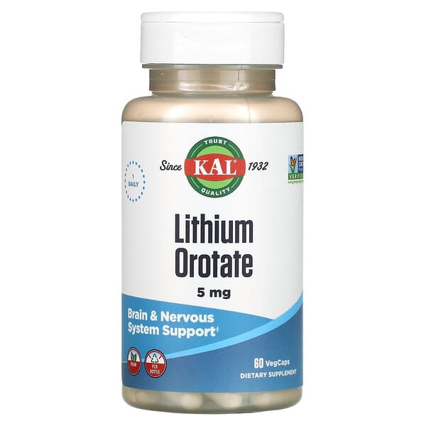 Supplement bottle labeled 'Lithium Orotate' by KAL on a white background