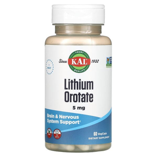 Supplement bottle labeled 'Lithium Orotate' by KAL on a white background