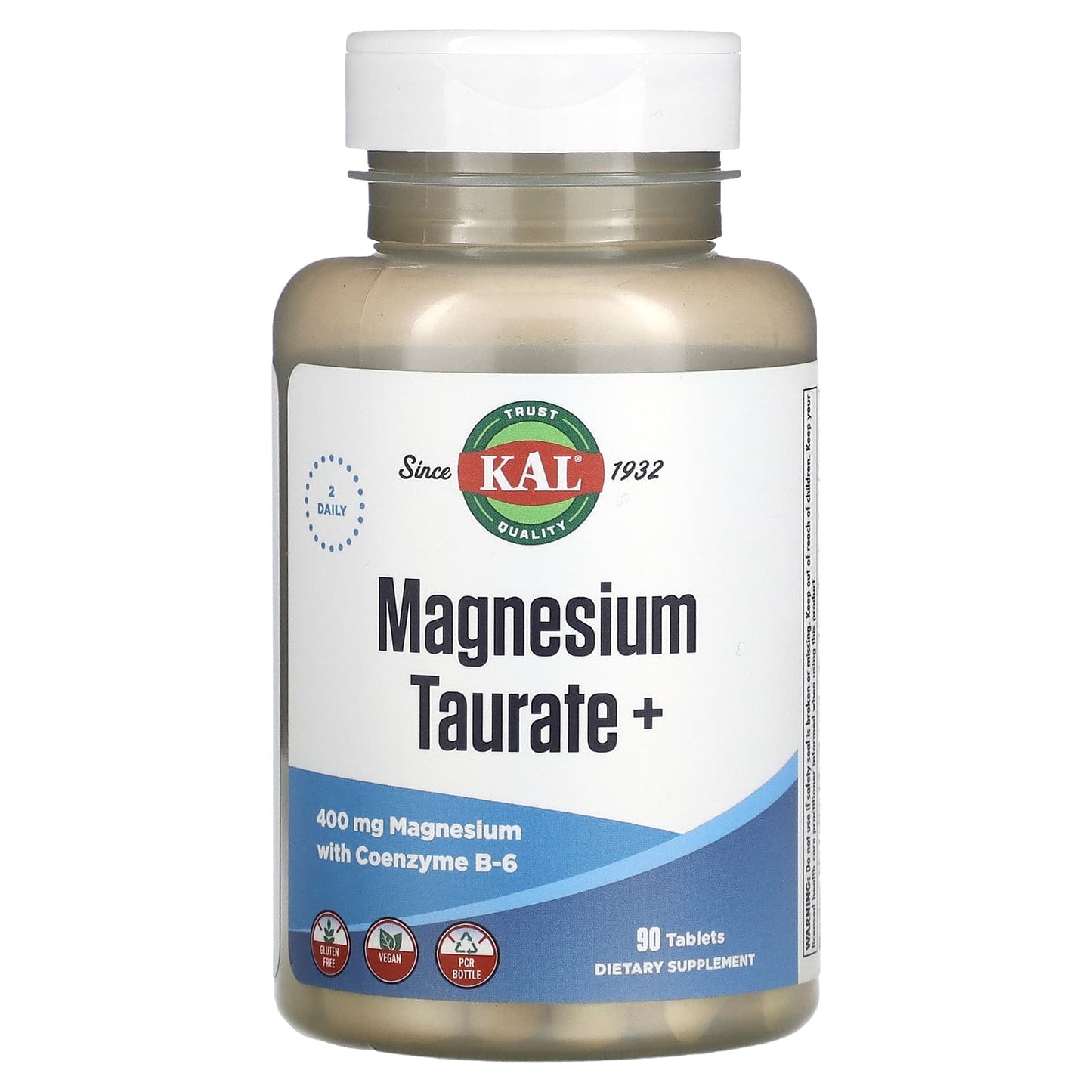 Supplement bottle labeled 'Magnesium Taurate+' by KAL on a white background